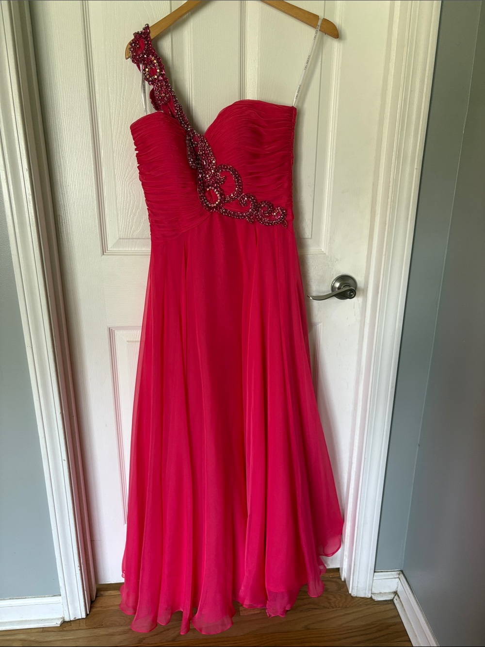 Sherri Hill Hot Pink One-Shoulder Beaded Prom Gown